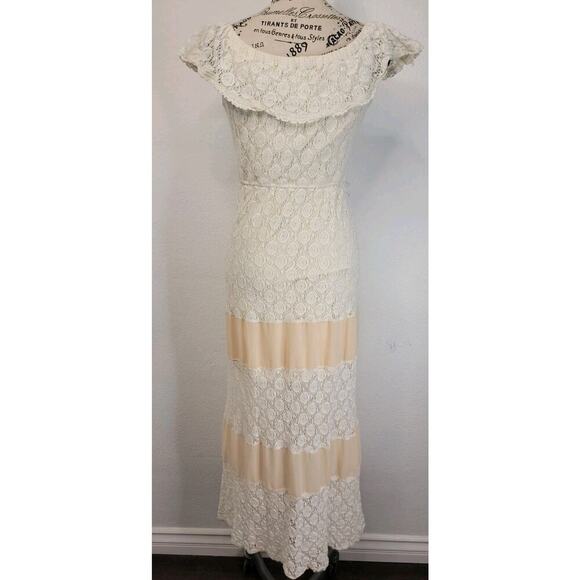 Flying Tomato Slip Maxi Dress SZ S Crochet Off Shoulder Semi Sheer Fisherman - Picture 6 of 8
